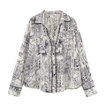 Women's white long sleeve shirt with black architectural sketch print and trim - XS / As Shown