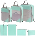 Mint green 7-piece travel organizer set with mesh bags and compression zipper - 7-Piece Set (includes Digital Bag) / Lake Blue