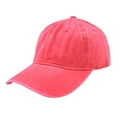 Close-up of vintage washed red baseball cap with letter patch and stitched brim texture - Red