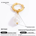 Gold stainless steel hoop earrings with white freshwater pearl pendant and size details - EH11622