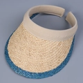Detailed texture view of a beige and blue raffia straw woven sun visor hat. - M(56-58cm) / Blue