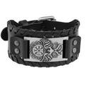 Men's black leather Viking bracelet featuring a silver compass wolf head metal plaque - Black Leather + Silver