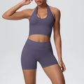 Breathable halter yoga set with ribbed seamless sports bra and high-waist shorts in grey-purple - Truffle