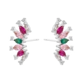 Detail view of silver fan earrings with colorful marquise-cut gems and micro diamonds - Fan / Silver