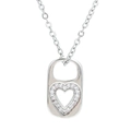 Retro silver heart lock pendant with micro-pave zircons on a delicate chain necklace - Platinum - White Zirconia