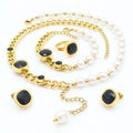 Golden chunky chain jewelry set with black square gemstones and white pearls - Black Square Zirconia Style (KS201004-LX) / Gold