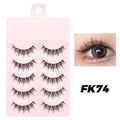 5 pairs of FK74 natural black false eyelashes on pink tray with eye makeup effect - FK74 Cotton Thread Stem - 5 Pairs
