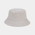 Close-up of white PEACE embroidery on beige cotton canvas bucket hat crown - Beige