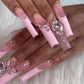 Extra long pink French press-on nails with 3D heart rhinestones on white faux fur - Pink French Heart Rhinestone Style (SGCY-256) / Glue Type