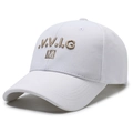 White baseball cap with gold embroidery featuring V.V.I.G and M letters on canvas - White