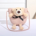 Rosafarbene handgewebte Stroh-Umhängetasche für Kinder mit 3D Plüschbär und Schleife - Bär Rosa