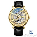 Men's automatic hollow mechanical watch with golden steel case and black leather strap - Gold Case Gold Dial Black Leather Strap