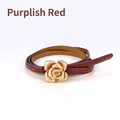 Genuine burgundy leather skinny belt with a gold rose-shaped buckle for women - Purplish Red / 105cm
