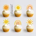 Close-up of 3.5-inch sunshine and rainbow themed cupcake toppers for birthday party - 12 Small Toppers