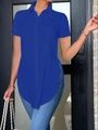 Detailed view of women's short sleeve polo shirt featuring stylish side split hem in blue - Blue