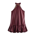 Dunkelrotes PU-Leder Neckholder-Minikleid mit Rüschensaum ärmelloser Party-Stil - XS / Burgunderrot