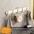Cream white aluminum wall hook rack with 5 hooks and 460mm length in bathroom setting - 5 Hooks / Cream