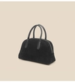 Detail of premium black suede bowling bag with leather handles and textured finish - Black