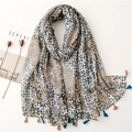 Floral geometric long scarf with blue tassels made of lightweight Bali yarn material - Geometric Floral Style (SL2112-028) / 180x90cm