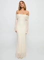 Detailed close-up of floral lace texture on a white off-shoulder maxi dress with bell sleeves - S / White