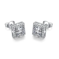 Macro shot of silver square stud earrings with central cubic zirconia and pave halo - E846 Platinum Color