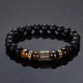 Men's matte black beads and tiger eye bracelet with gold zircon hexagonal charms - Gold Pave Matte Black Beads