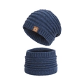 Dark blue winter knit beanie and neck warmer set with fleece lining and leather patch - Navy Blue