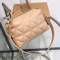 Beige quilted crossbody bag with triangle stitching and elegant gold hardware - Dark Brown