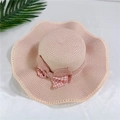 Detail of wide wave brim straw sun hat with pink gingham bow on white silk fabric - M (56-58cm) with Wind Rope / Light Pink