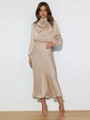 Detail of champagne gold satin evening dress showing high neck and pearl luster fabric - S / Top And Bottom (GQTG007) / Apricot