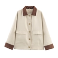 Minimalist beige and brown patchwork women jacket with large pockets and buttons - XS / Beige/Brown