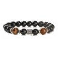 Tiger eye and black onyx beaded bracelet with textured metallic cylinder charm - 10mm Polished Stone + Yellow Tiger Eye