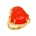 Chinese style laughing Buddha open ring in red finish with gold band and crystals - Adjustable Open / Orange
