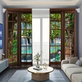 Detail of 3D forest waterfall print curtains hanging in a modern sunlit living room - 130*160CM / Forest Waterfall
