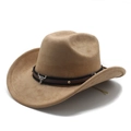 Classic camel felt cowboy hat featuring a black braided band and bull head metal buckle - M (56-59cm) / Light Khaki (Suede)