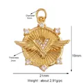 Golden circular winged pendant with V-shape zircon center and detailed size markings - Letter V Wings / Gold
