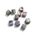 Group of ten natural crystal stone 15mm dice beads with engraved dots on white background - Moss Agate