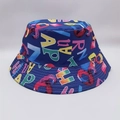 Close-up of navy blue bucket hat featuring colorful graffiti alphabet print detail - Navy Colorful Letters