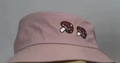 Pink cotton bucket hat featuring detailed red mushroom embroidery on the top crown - 58cm / Pink