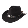 Black wool felt cowboy hat with ethnic woven band and silver bull skull buckle accessory - One Size 57-58cm / Tibetan Band Bull Head Style / Black