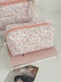 Trousse à maquillage matelassée en velours côtelé avec motifs pivoines roses et zip - Pivoine Rose en Velours Côtelé [Pochette Octogonale Structurée]