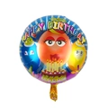 Close-up of a round 18-inch foil birthday balloon with colorful cake and candle graphics - English Birthday Bean Man Round Balloon