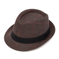 Classic brown plaid fedora hat with black grosgrain ribbon and subtle red accents - M (56-58cm) / Coffee