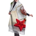 Detail of Christmas cashmere-feel scarf with red star motifs and elegant fringe trim - Red - Snow Envelope & Christmas Ball