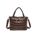 Brown quilted nylon puffer tote bag with glossy finish and detachable shoulder strap - Brown