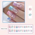 Detail view of pink-blue gradient press-on nails with gold foil marble texture, 24pc set - Colored Glass Candy Style (BKS1750) / 24 Pcs/Box (Jelly Glue + Nail File)