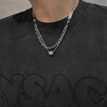 Silver double-layer titanium steel necklace featuring cylindrical and rectangular pendants - Cylinder Pendant Double Layer Necklace X3485A