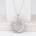Round silver stainless steel photo locket necklace featuring a crown relief pattern - Crown Round/Steel