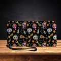Minimalistische Dia de los Muertos Totenkopf-Clutch mit Gitarren- und Blumenmustern - Schwarzer mexikanischer Tag der Toten Stil (QB-016)