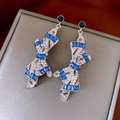 Detail of silver bow earrings with blue rectangular and clear round rhinestones - 17# Silver Pin - Silver Blue Bowknot Inlay Diamond